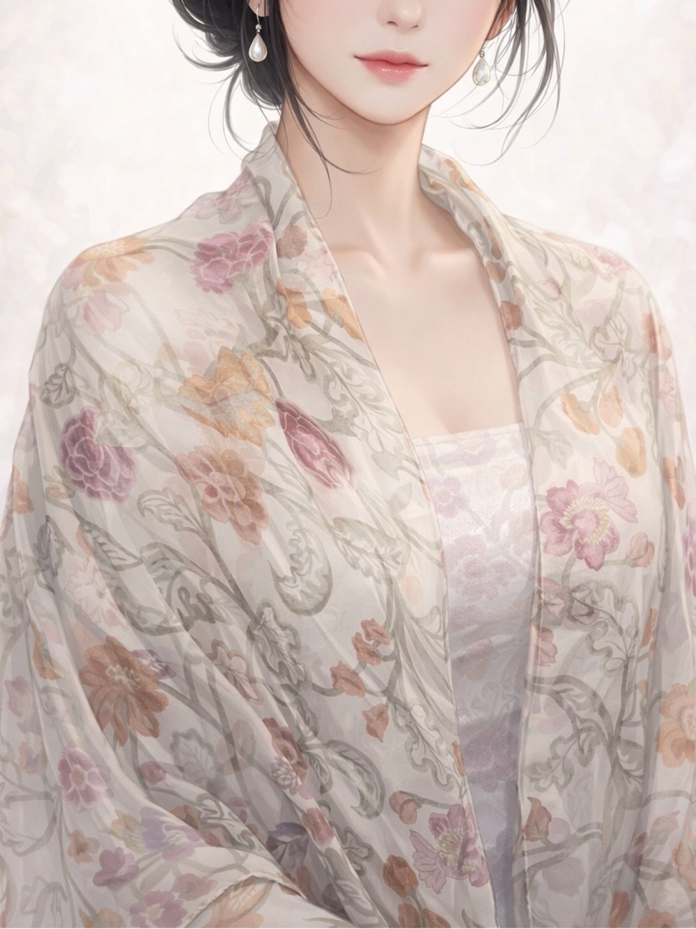 Sheer Floral Wrap Scarf in Cream and Pink